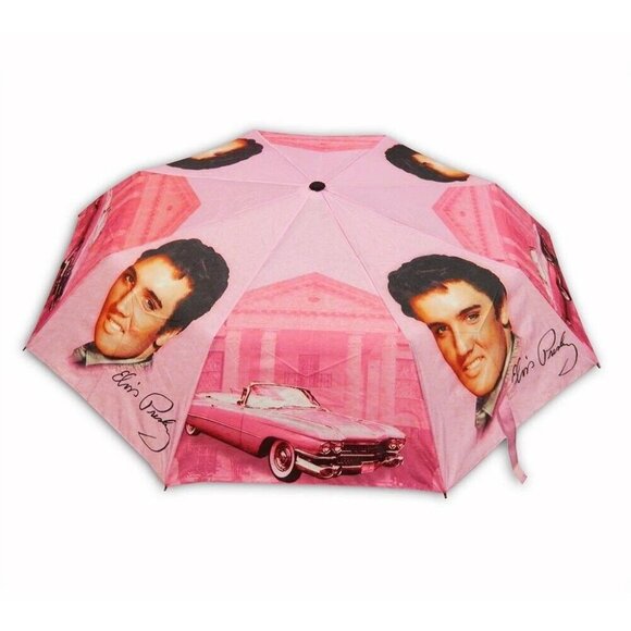 New 40" Width Pink Cadillac Elvis Presley Compact Umbrella The King Photo Caddie - Picture 2 of 4
